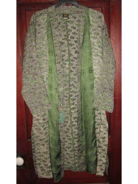 Anne Namba S M 100% Silk Kimono Duster Textured Geometric Japanese Green Vintage